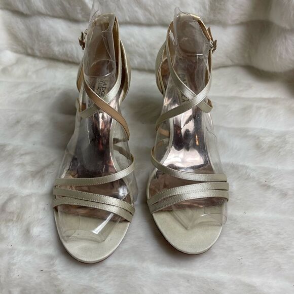 Bradley Mischka Satin Beige wedge ankle strap sandals size 7.5 - Picture 2 of 12